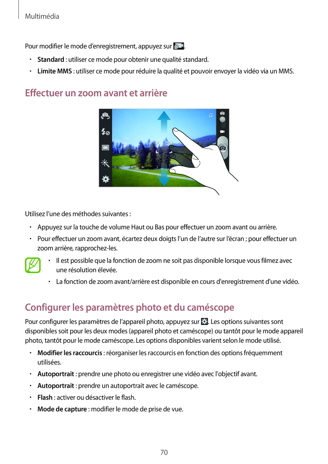 Samsung GT-I9105CWNVVT, GT-I9105UANCOA Effectuer un zoom avant et arrière, Configurer les paramètres photo et du caméscope 