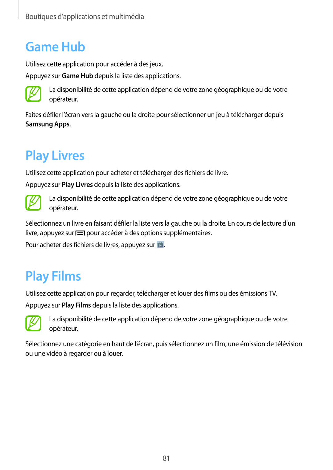 Samsung GT-I9105CWNVVT, GT-I9105UANCOA, GT-I9105CWNBGL, GT2I9105CWNGBL, GT-I9105UANVVT manual Game Hub, Play Livres, Play Films 