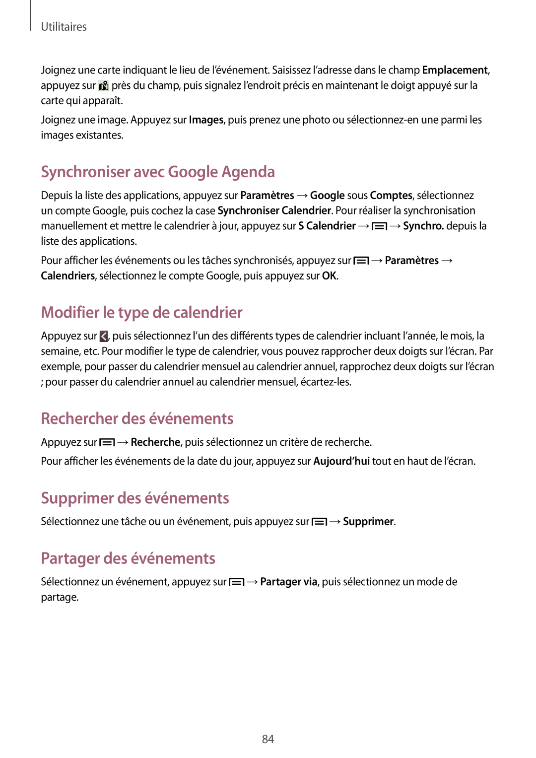 Samsung GT-I9105UANGBL manual Synchroniser avec Google Agenda, Modifier le type de calendrier, Rechercher des événements 