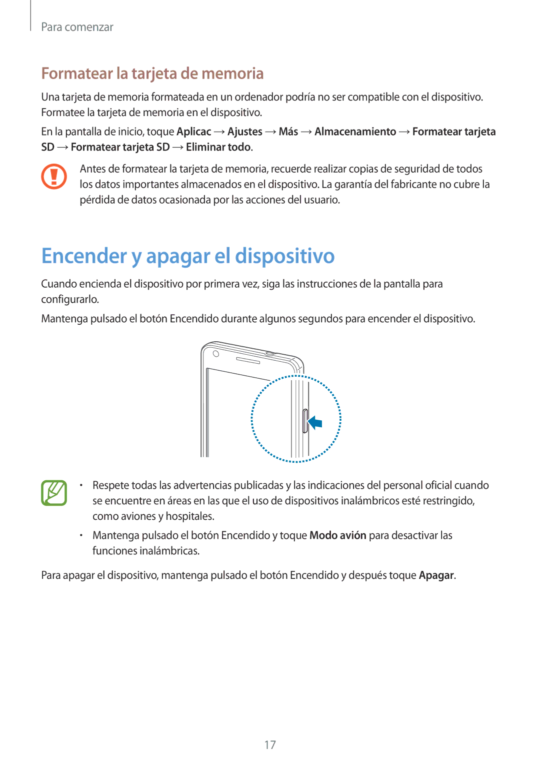 Samsung GT-I9105UANATO, GT-I9105UANTPH, GT-I9105UANDBT Encender y apagar el dispositivo, Formatear la tarjeta de memoria 