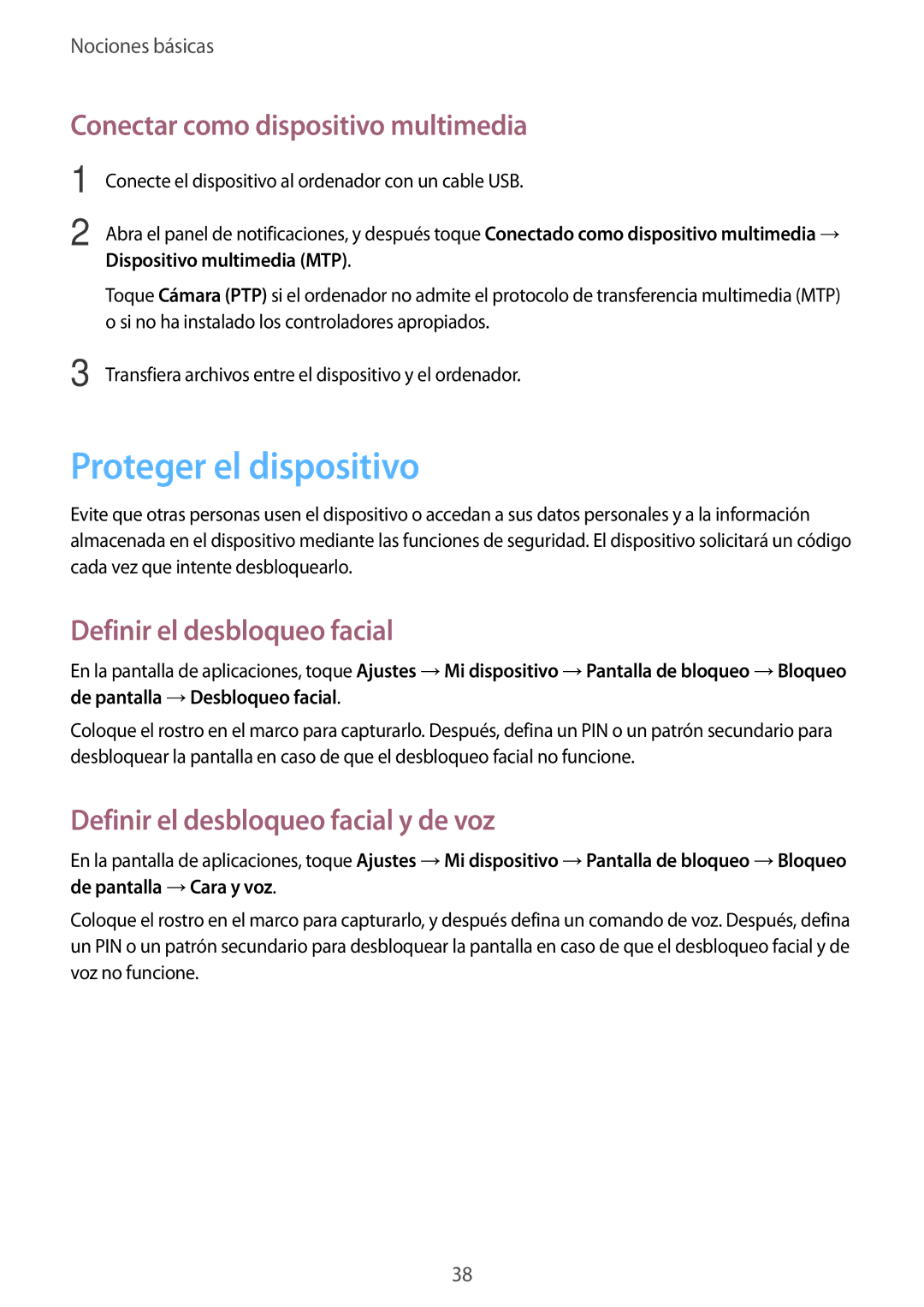 Samsung GT-I9105UANPHE manual Proteger el dispositivo, Conectar como dispositivo multimedia, Definir el desbloqueo facial 