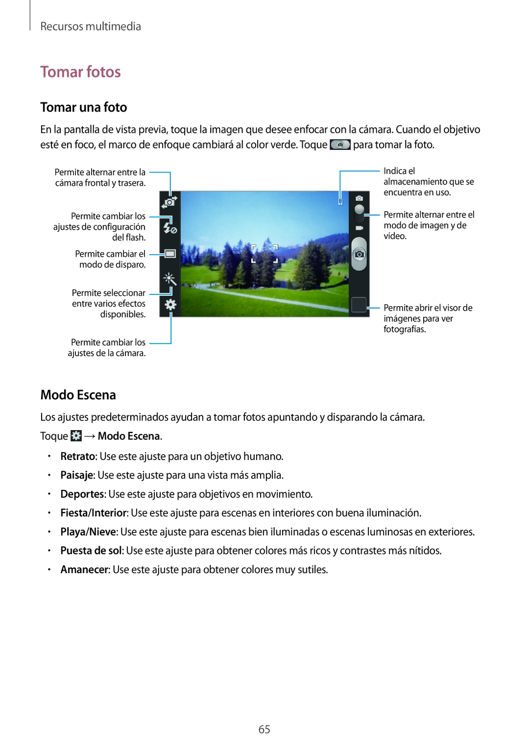 Samsung GT-I9105UANXEF, GT-I9105UANTPH, GT-I9105UANDBT, GT-I9105CWNDBT manual Tomar fotos, Tomar una foto, Modo Escena 