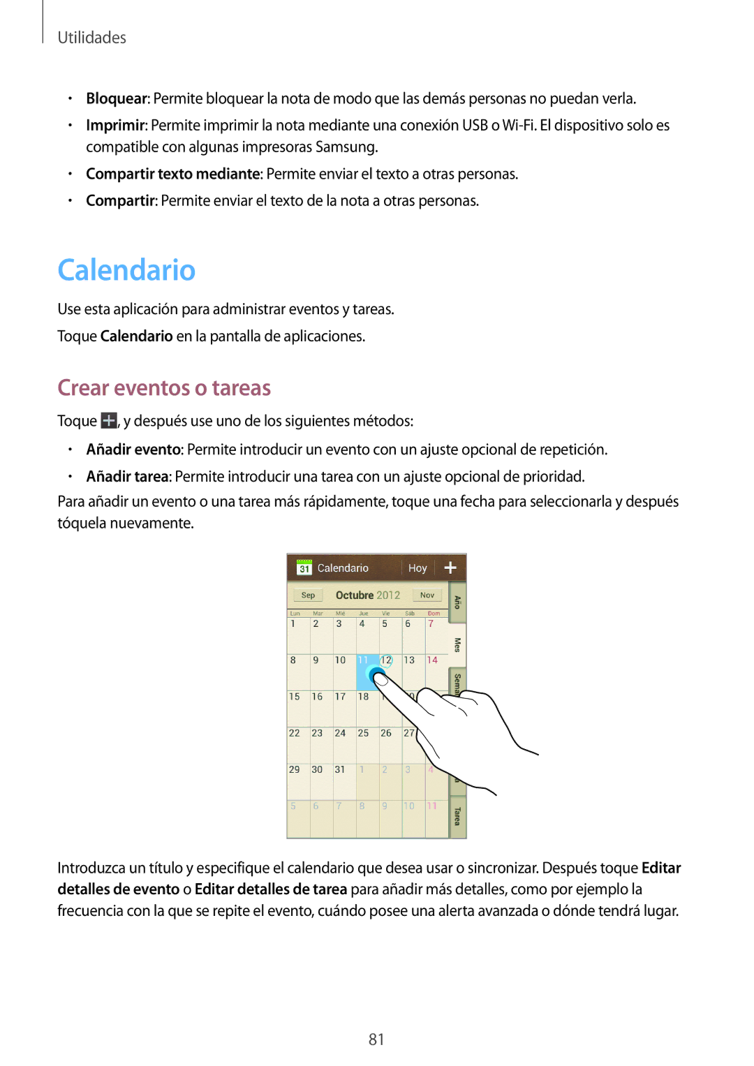 Samsung GT-I9105UANDBT, GT-I9105UANTPH, GT-I9105CWNDBT, GT-I9105CWNITV, GT-I9105UANXEO Calendario, Crear eventos o tareas 