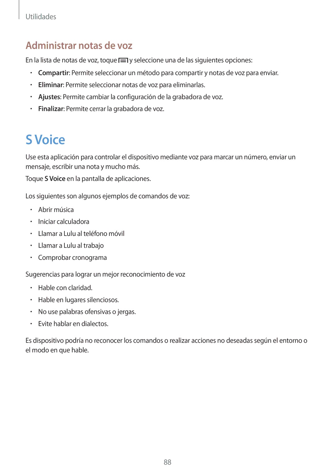 Samsung GT-I9105UANPHE, GT-I9105UANTPH, GT-I9105UANDBT, GT-I9105CWNDBT, GT-I9105CWNITV manual Voice, Administrar notas de voz 