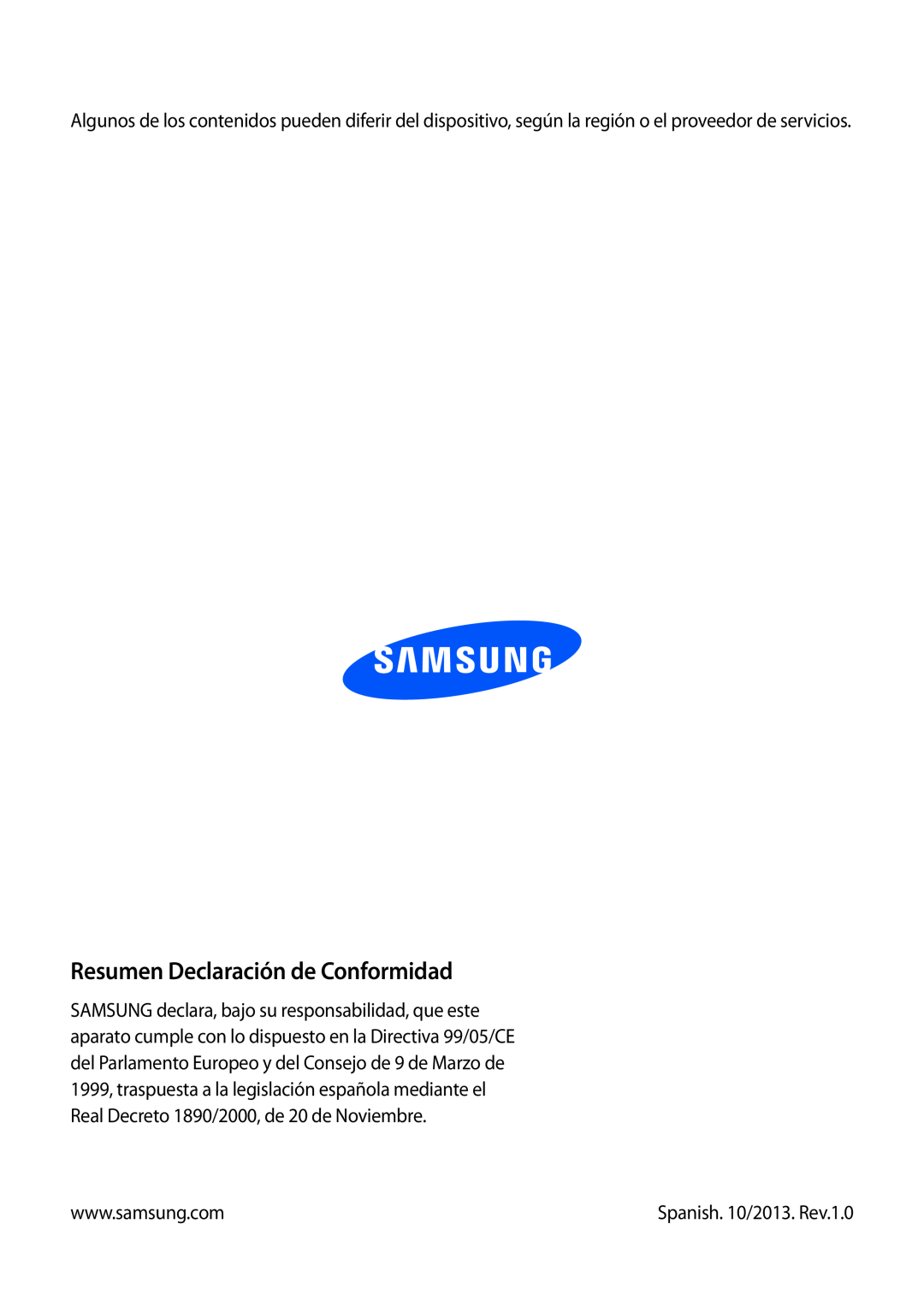 Samsung GT-I9105UANATO, GT-I9105UANTPH, GT-I9105UANDBT manual Resumen Declaración de Conformidad, Spanish. 10/2013. Rev.1.0 