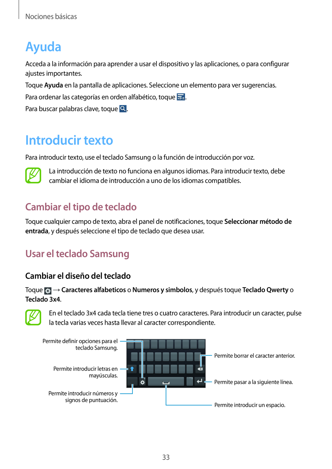 Samsung GT-I9105CWNITV Ayuda, Introducir texto, Cambiar el tipo de teclado, Usar el teclado Samsung, Nociones básicas 