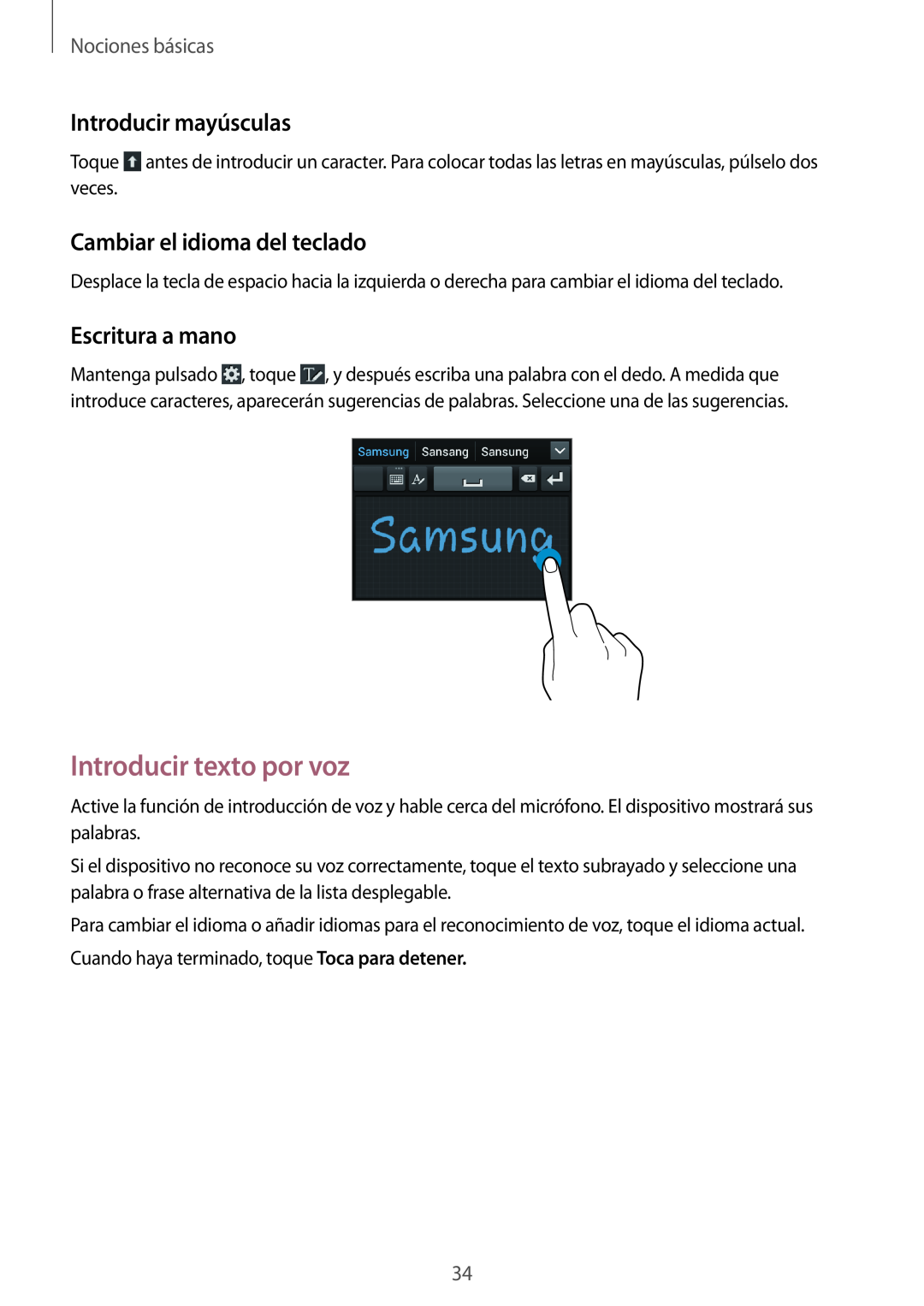 Samsung GT-I9105UANXEO Introducir texto por voz, Introducir mayúsculas, Cambiar el idioma del teclado, Escritura a mano 