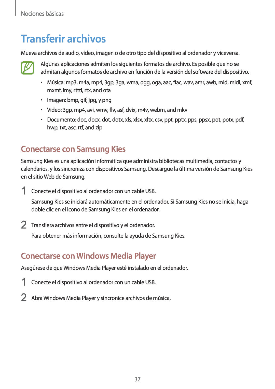 Samsung GT-I9105UANATO manual Transferir archivos, Conectarse con Samsung Kies, Conectarse con Windows Media Player 