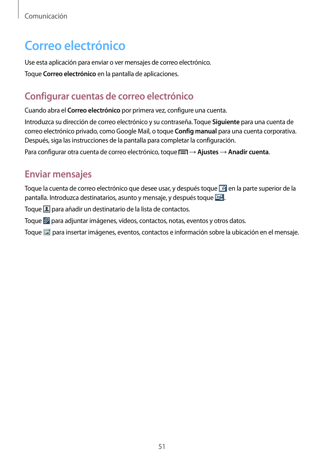 Samsung GT-I9105UANDBT manual Correo electrónico, Configurar cuentas de correo electrónico, Enviar mensajes, Comunicación 