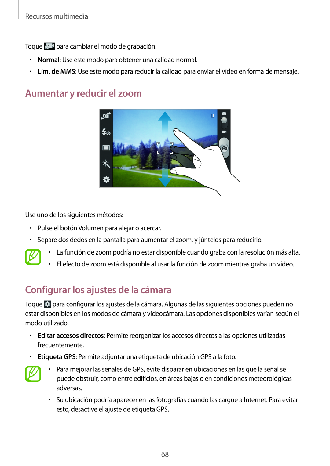 Samsung GT-I9105UANPHE manual Aumentar y reducir el zoom, Configurar los ajustes de la cámara, Recursos multimedia 