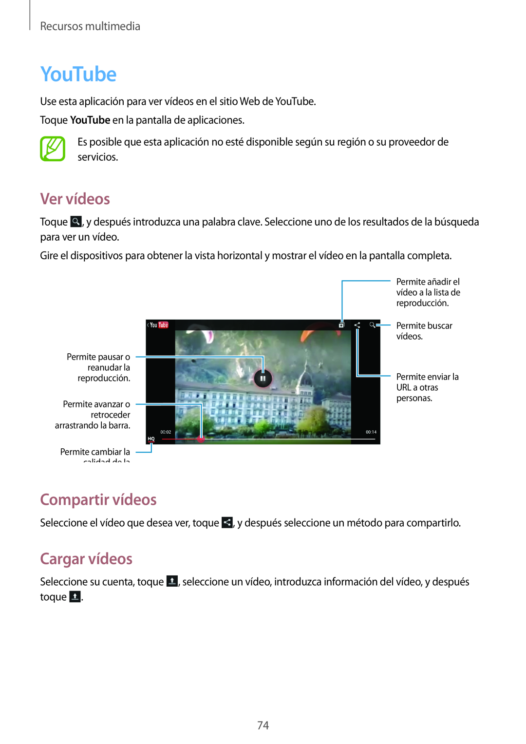 Samsung GT-I9105UANXEO, GT-I9105UANTPH manual YouTube, Ver vídeos, Cargar vídeos, Compartir vídeos, Recursos multimedia 