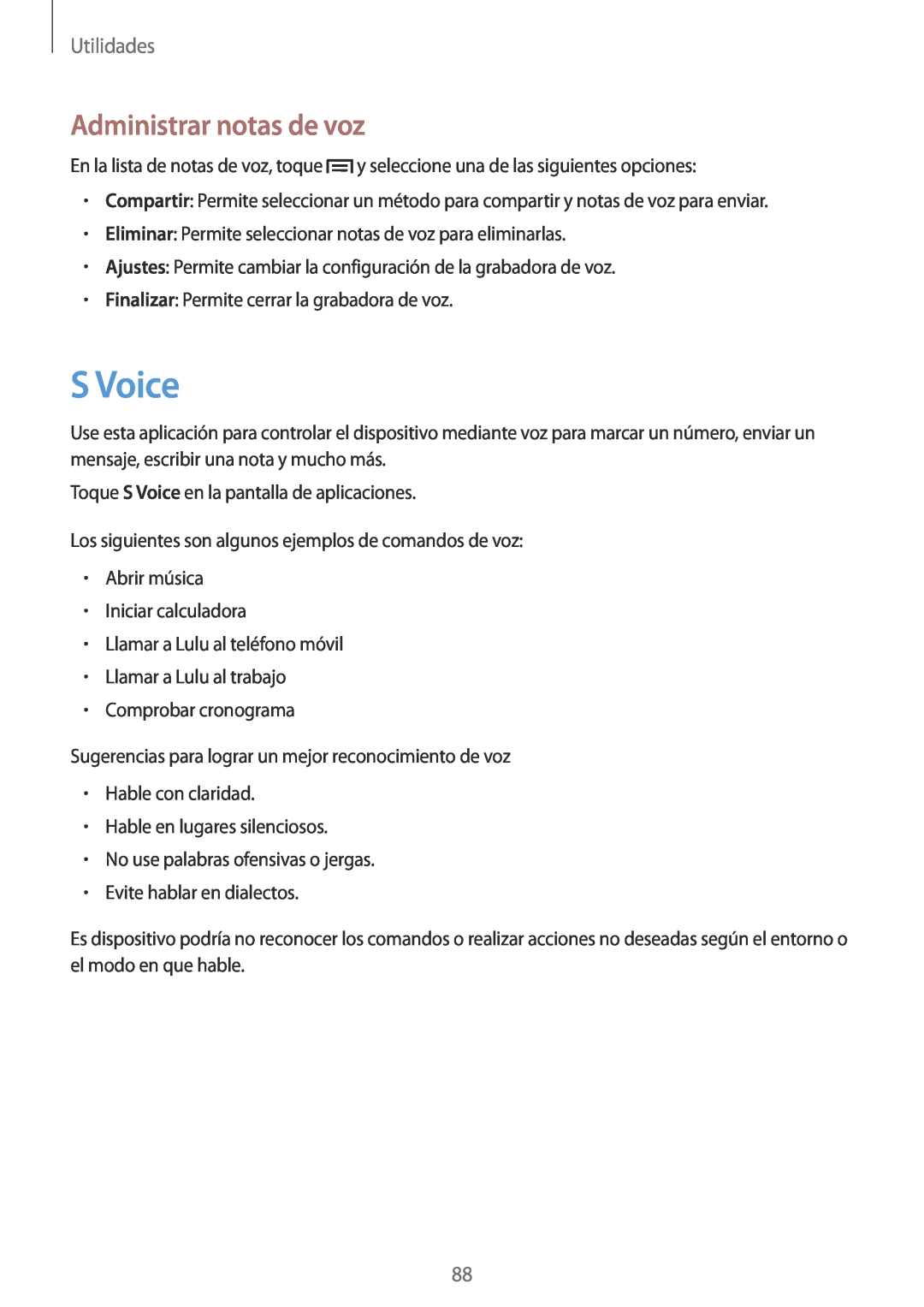 Samsung GT-I9105UANPHE, GT-I9105UANTPH, GT-I9105UANDBT, GT-I9105CWNDBT manual S Voice, Administrar notas de voz, Utilidades 