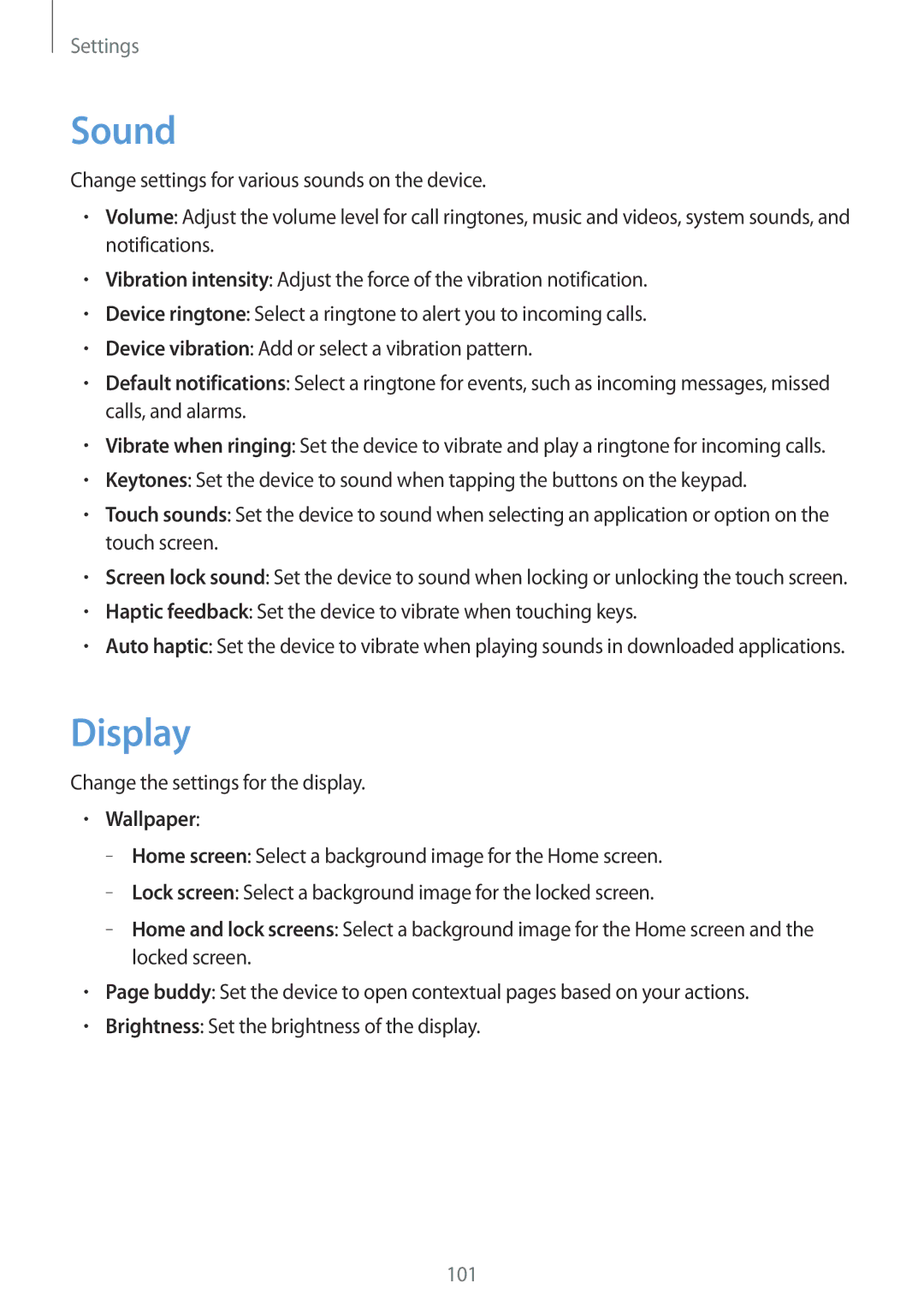 Samsung GT-I9105UANTRG, GT-I9105UANTPH, GT-I9105UANDBT, GT-I9105CWNDBT, GT-I9105UANVIA manual Sound, Display, Wallpaper 