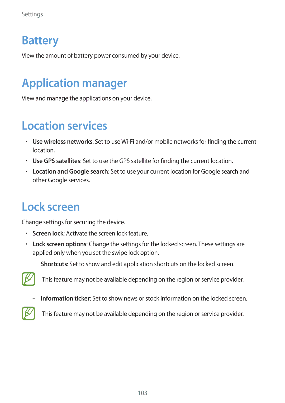 Samsung GT-I9105UANAUT, GT-I9105UANTPH, GT-I9105UANDBT manual Battery, Application manager, Location services, Lock screen 