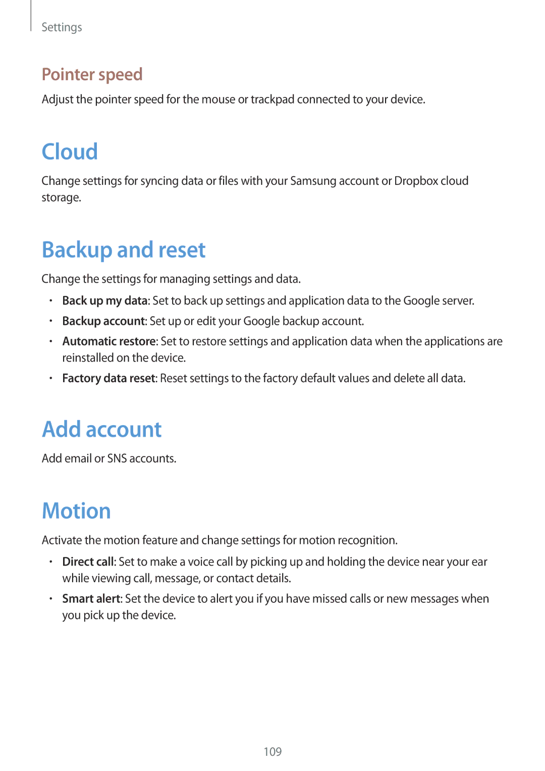 Samsung GT-I9105CWNNEE, GT-I9105UANTPH, GT-I9105UANDBT, GT-I9105CWNDBT Backup and reset, Add account, Motion, Pointer speed 