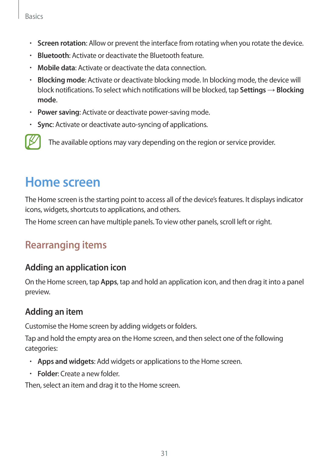 Samsung GT-I9105UANBGL, GT-I9105UANTPH manual Home screen, Rearranging items, Adding an application icon, Adding an item 