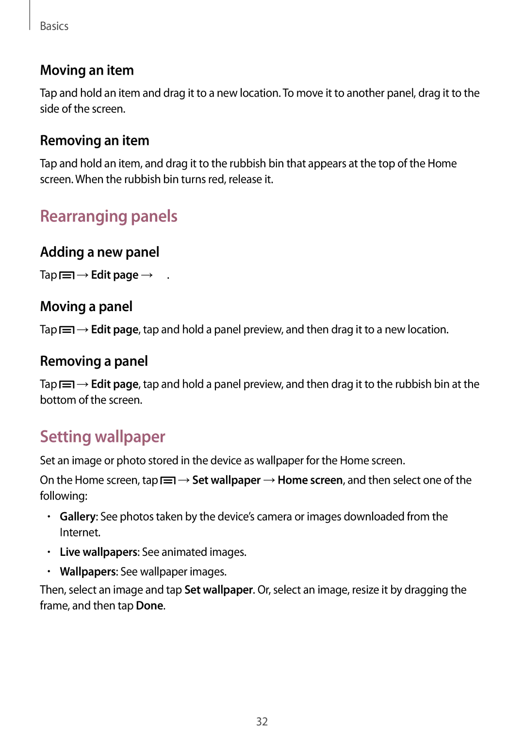 Samsung GT-I9105CWNGBL, GT-I9105UANTPH, GT-I9105UANDBT, GT-I9105CWNDBT, GT-I9105UANVIA Rearranging panels, Setting wallpaper 