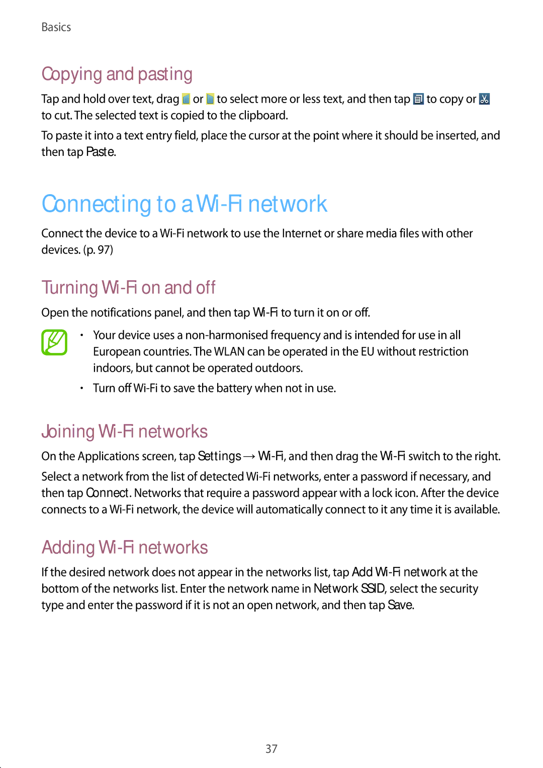 Samsung GT2I9105UANTWO Connecting to a Wi-Fi network, Copying and pasting, Turning Wi-Fi on and off, Adding Wi-Fi networks 