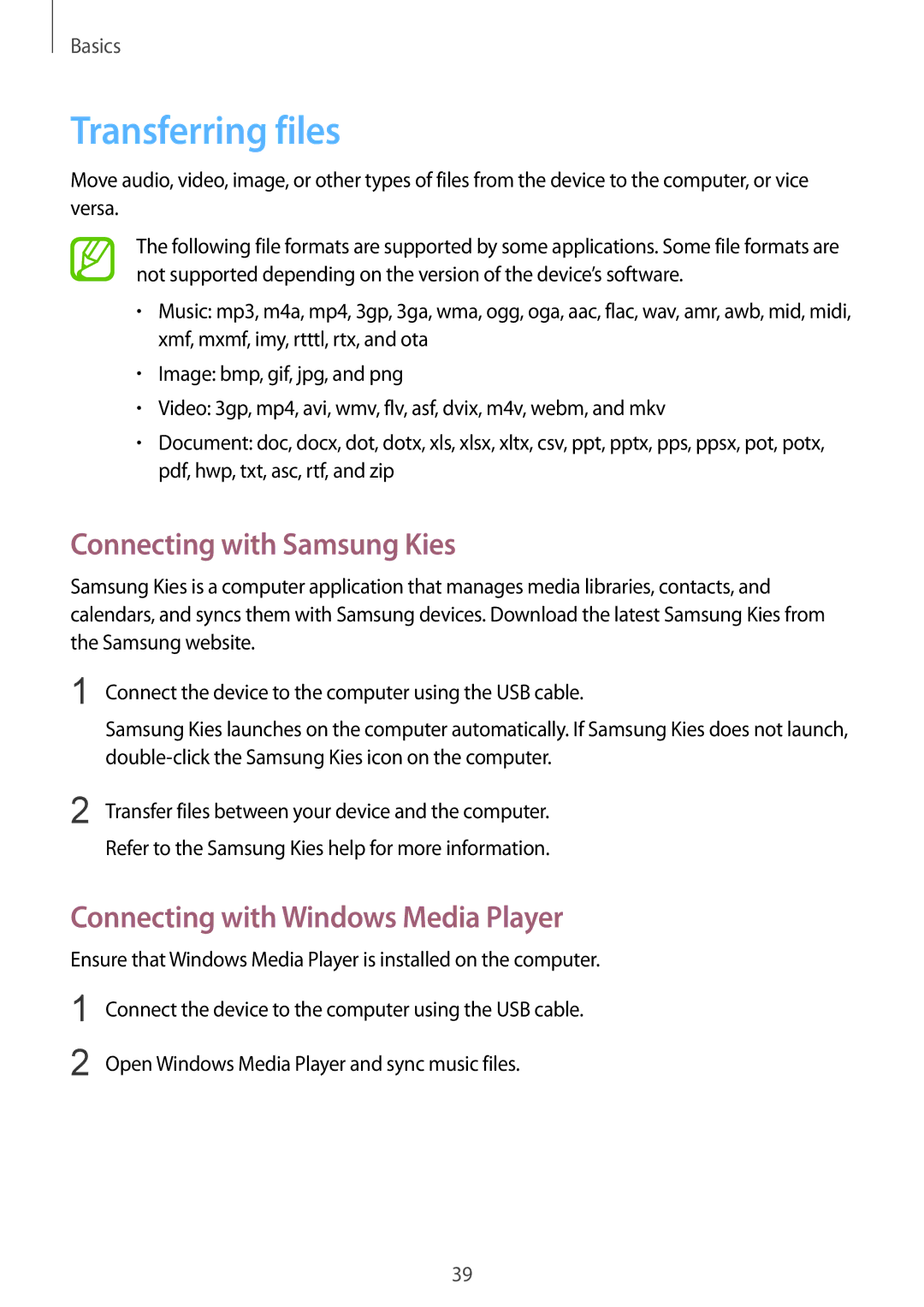 Samsung GT-I9105CWNTRG manual Transferring files, Connecting with Samsung Kies, Connecting with Windows Media Player 