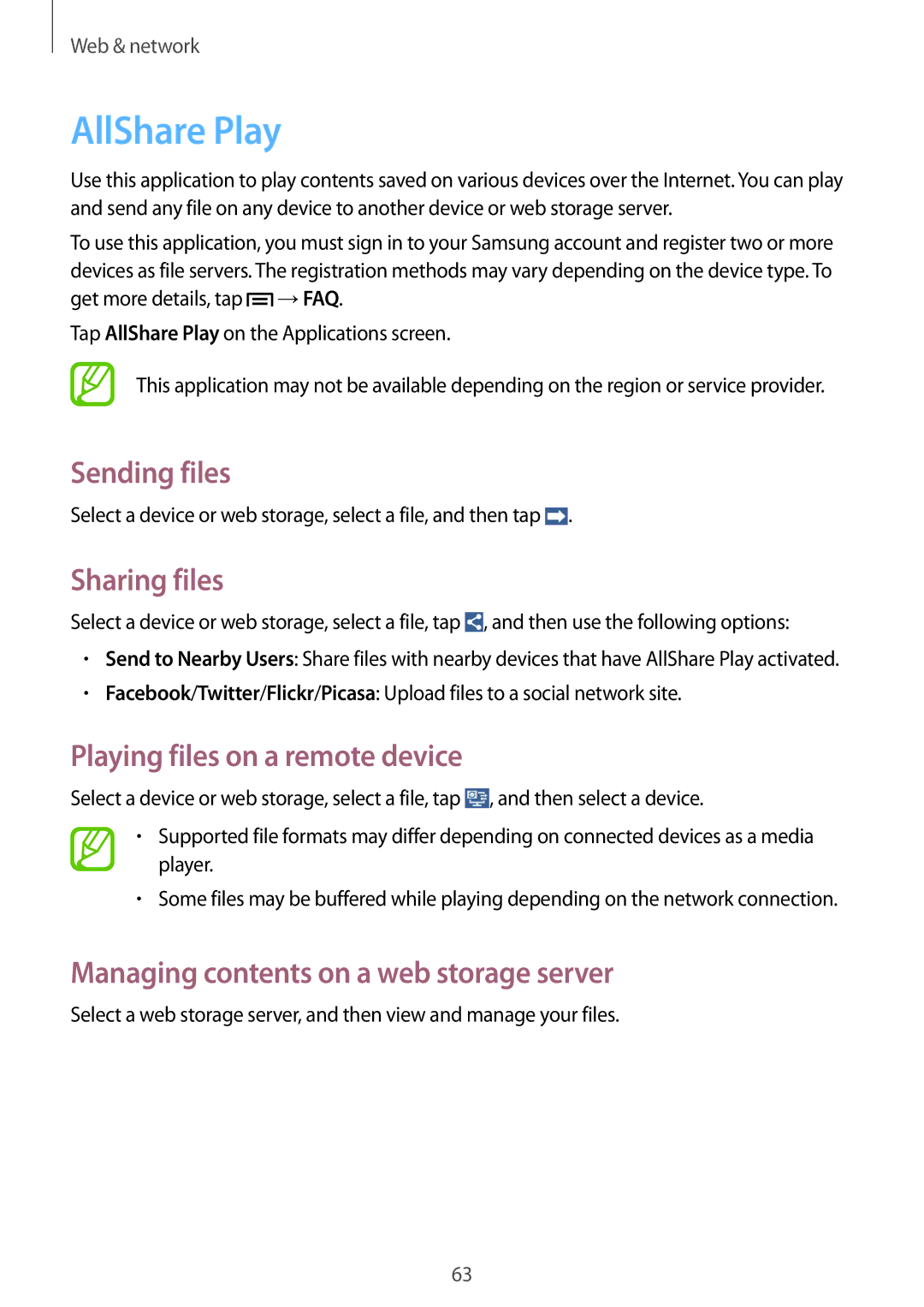 Samsung GT-I9105UANVIA, GT-I9105UANTPH manual AllShare Play, Sending files, Sharing files, Playing files on a remote device 