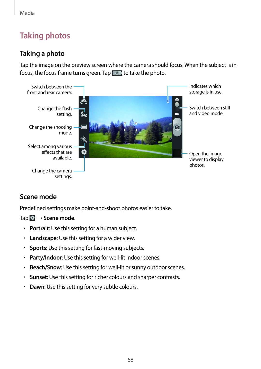 Samsung GT-I9105CWNDTM, GT-I9105UANTPH, GT-I9105UANDBT, GT-I9105CWNDBT manual Taking photos, Taking a photo, Scene mode 