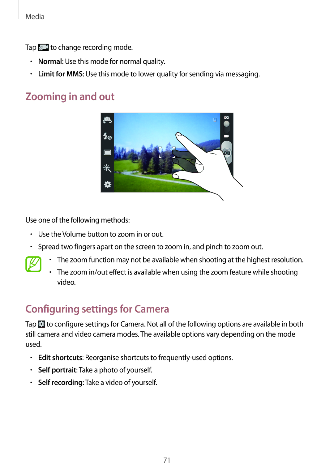 Samsung GT-I9105CWNTPH, GT-I9105UANTPH, GT-I9105UANDBT, GT-I9105CWNDBT Zooming in and out, Configuring settings for Camera 