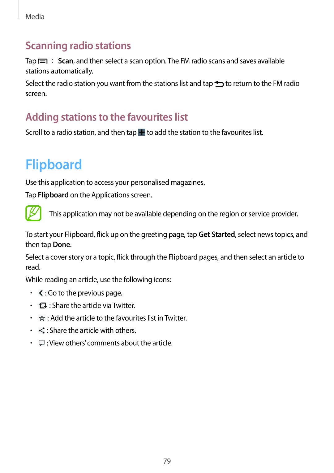 Samsung GT-I9105CWNPHE, GT-I9105UANTPH manual Flipboard, Scanning radio stations, Adding stations to the favourites list 