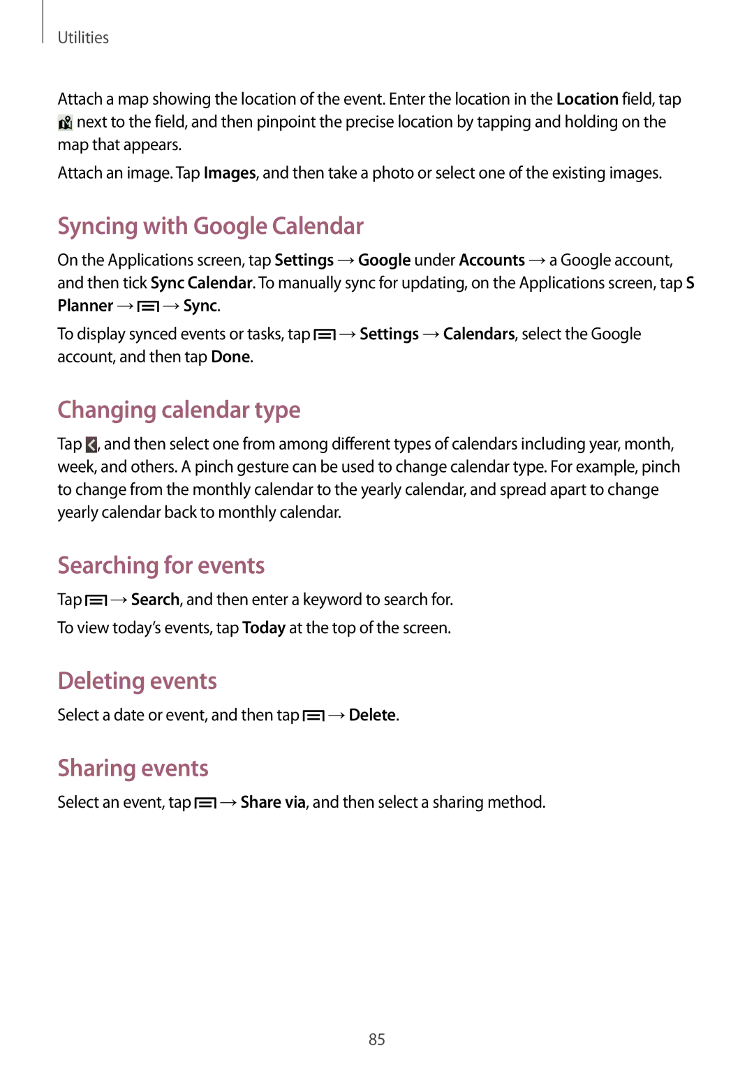 Samsung GT-I9105UANVVT manual Syncing with Google Calendar, Changing calendar type, Searching for events, Deleting events 