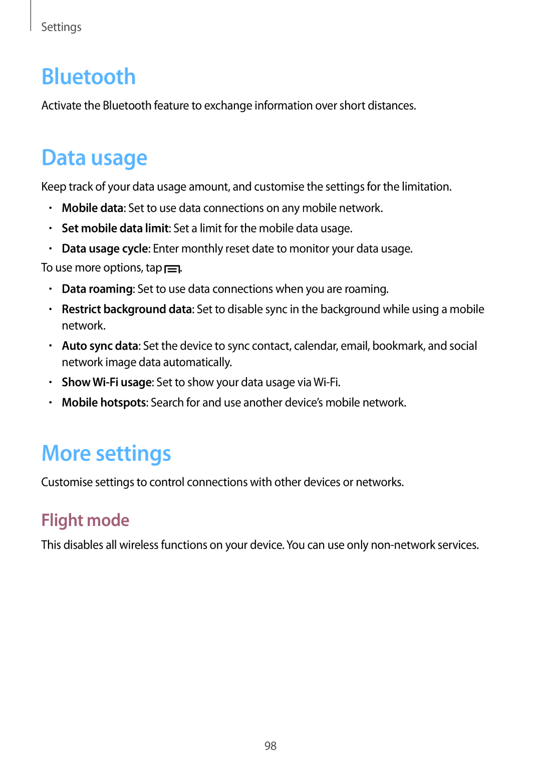 Samsung GT-I9105UANMAX, GT-I9105UANTPH, GT-I9105UANDBT, GT-I9105CWNDBT, GT-I9105UANVIA Data usage, More settings, Flight mode 