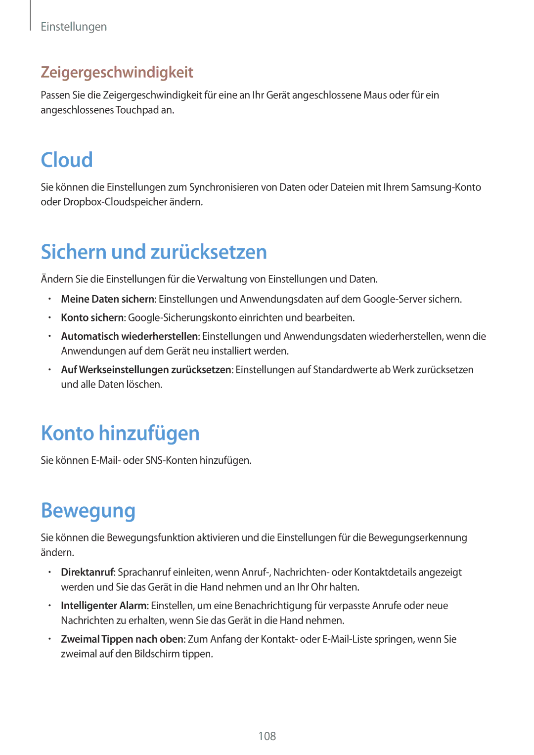 Samsung GT-I9105CWNXEO, GT-I9105UANTPH manual Sichern und zurücksetzen, Konto hinzufügen, Bewegung, Zeigergeschwindigkeit 