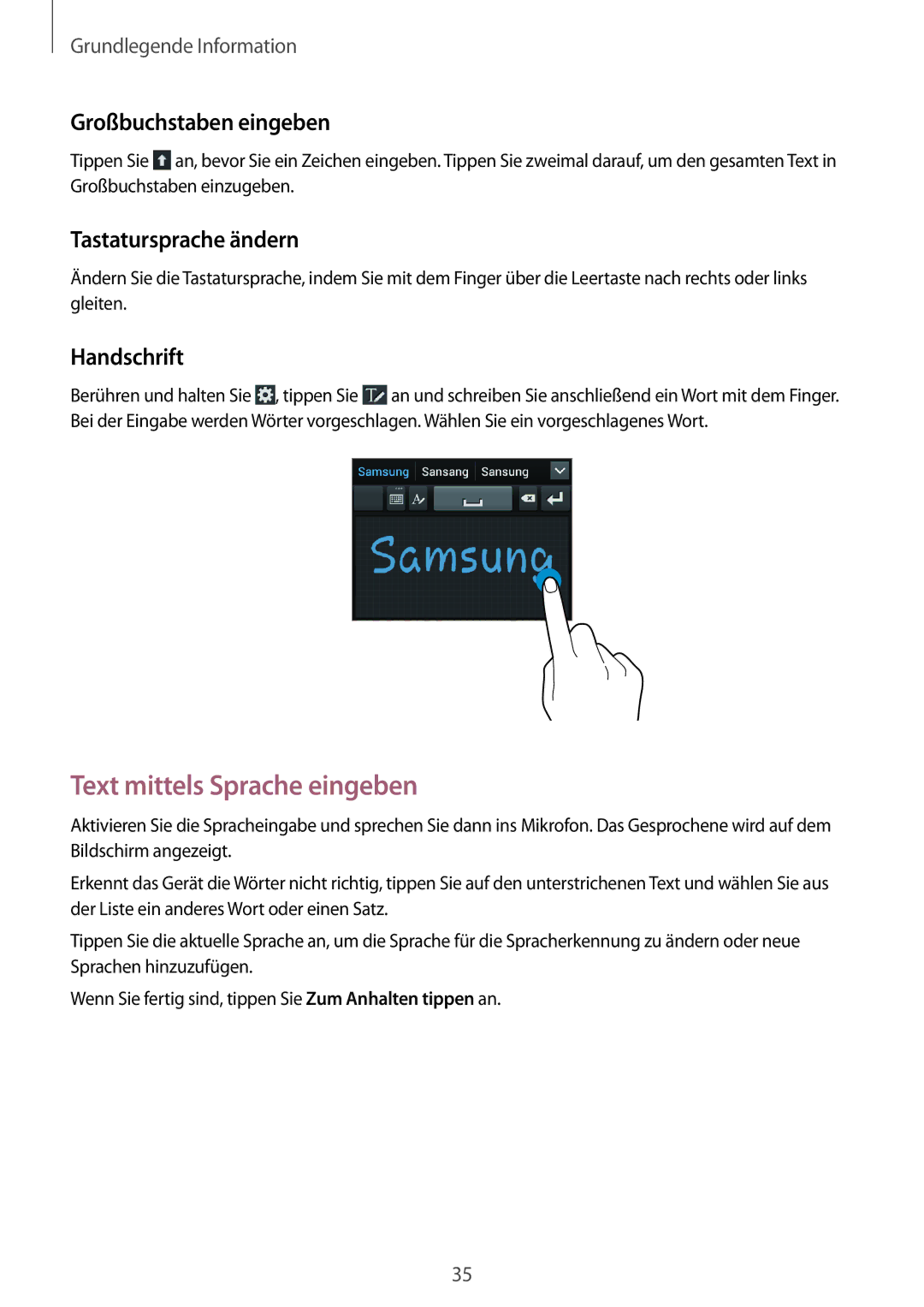 Samsung GT-I9105UANDBT manual Text mittels Sprache eingeben, Großbuchstaben eingeben, Tastatursprache ändern, Handschrift 