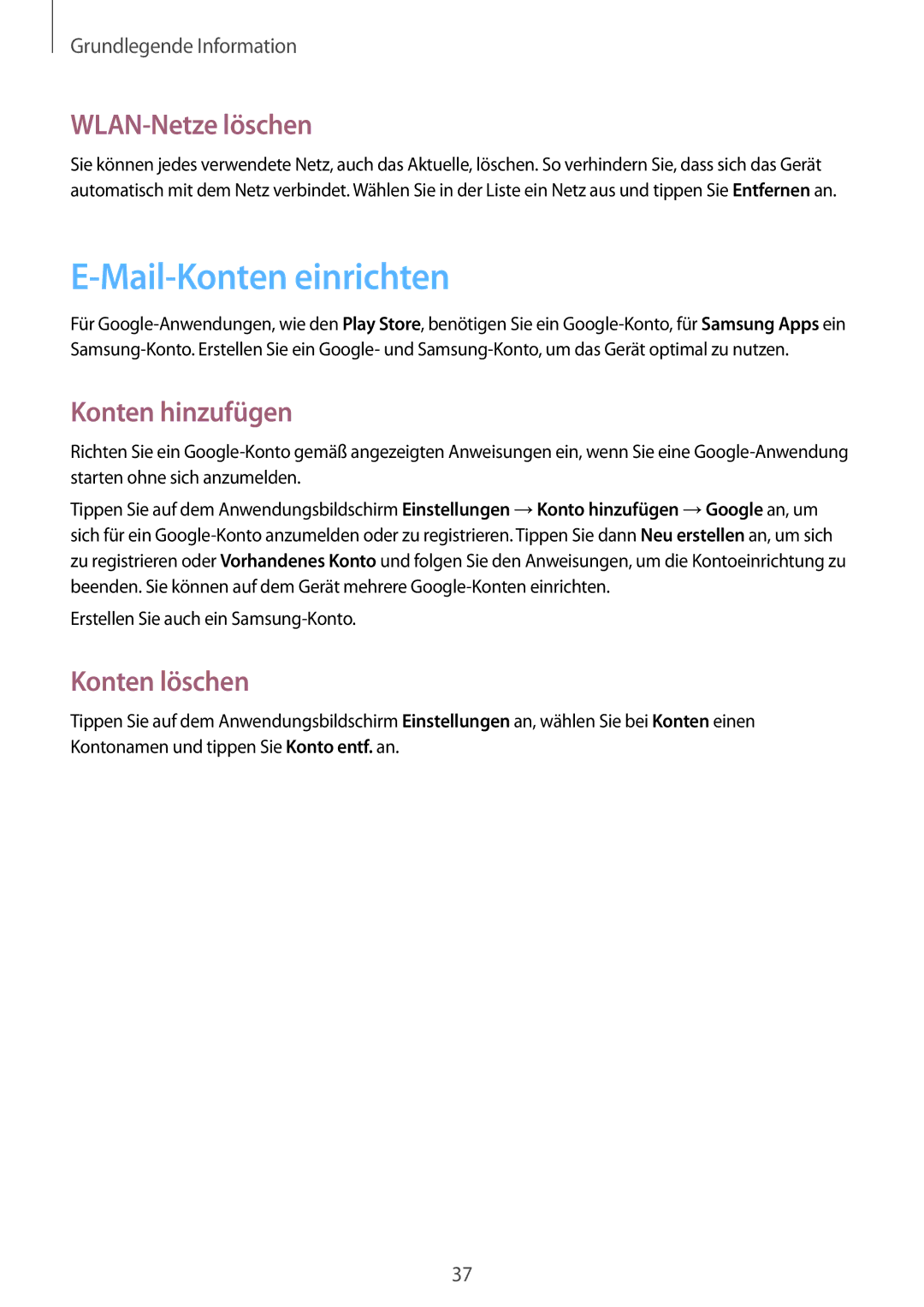 Samsung GT-I9105UANVIA, GT-I9105UANTPH manual Mail-Konten einrichten, WLAN-Netze löschen, Konten hinzufügen, Konten löschen 