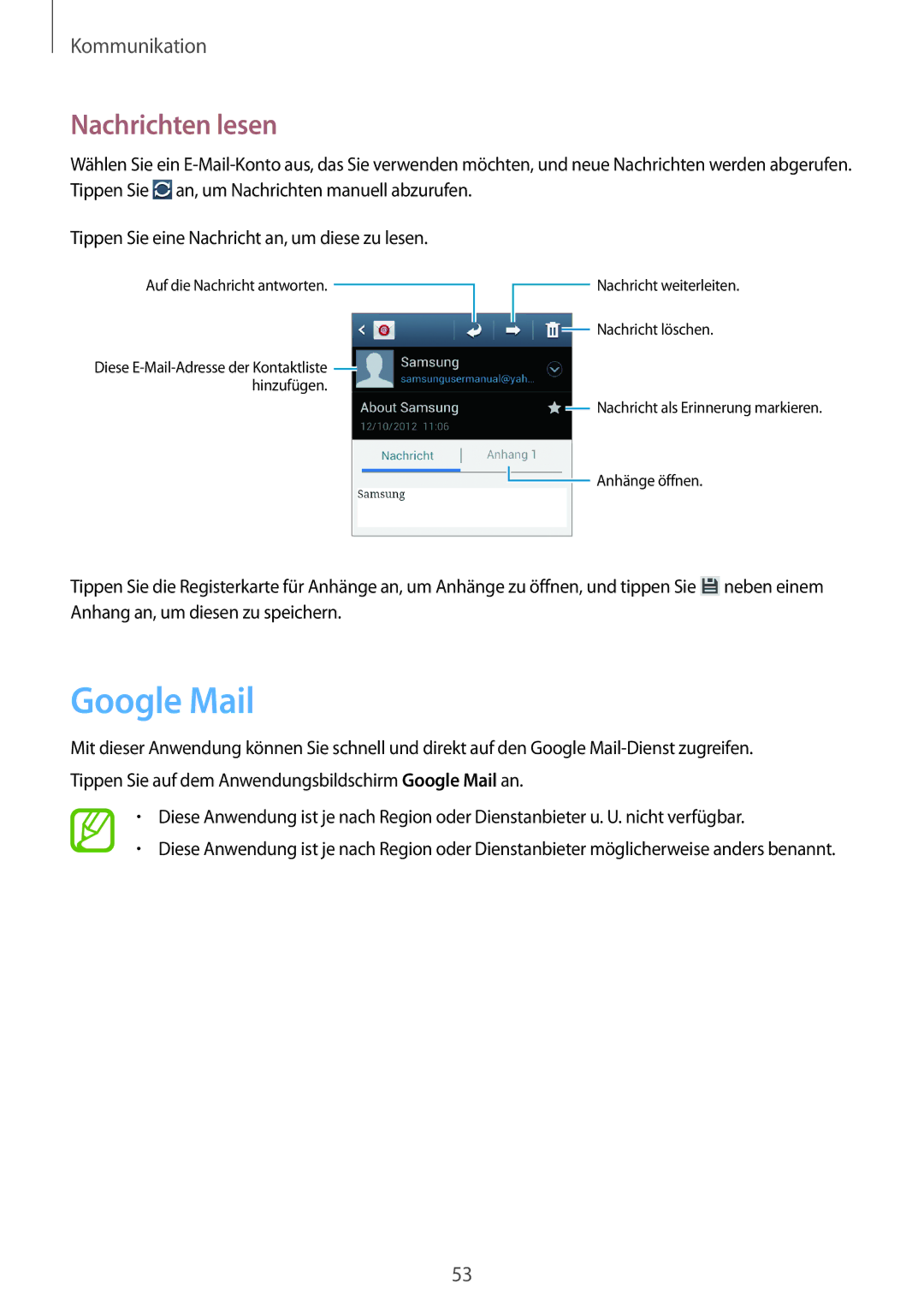 Samsung GT-I9105CWNDBT, GT-I9105UANTPH, GT-I9105UANDBT, GT-I9105UANVIA, GT-I9105UANDTM manual Google Mail, Nachrichten lesen 