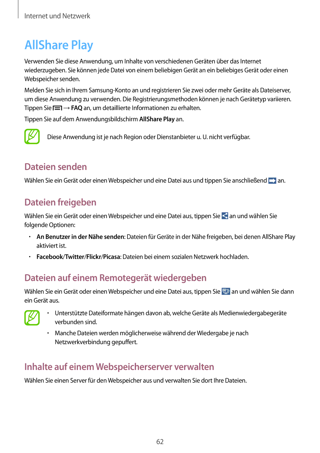 Samsung GT-I9105CWNTPH manual AllShare Play, Dateien senden, Dateien freigeben, Dateien auf einem Remotegerät wiedergeben 