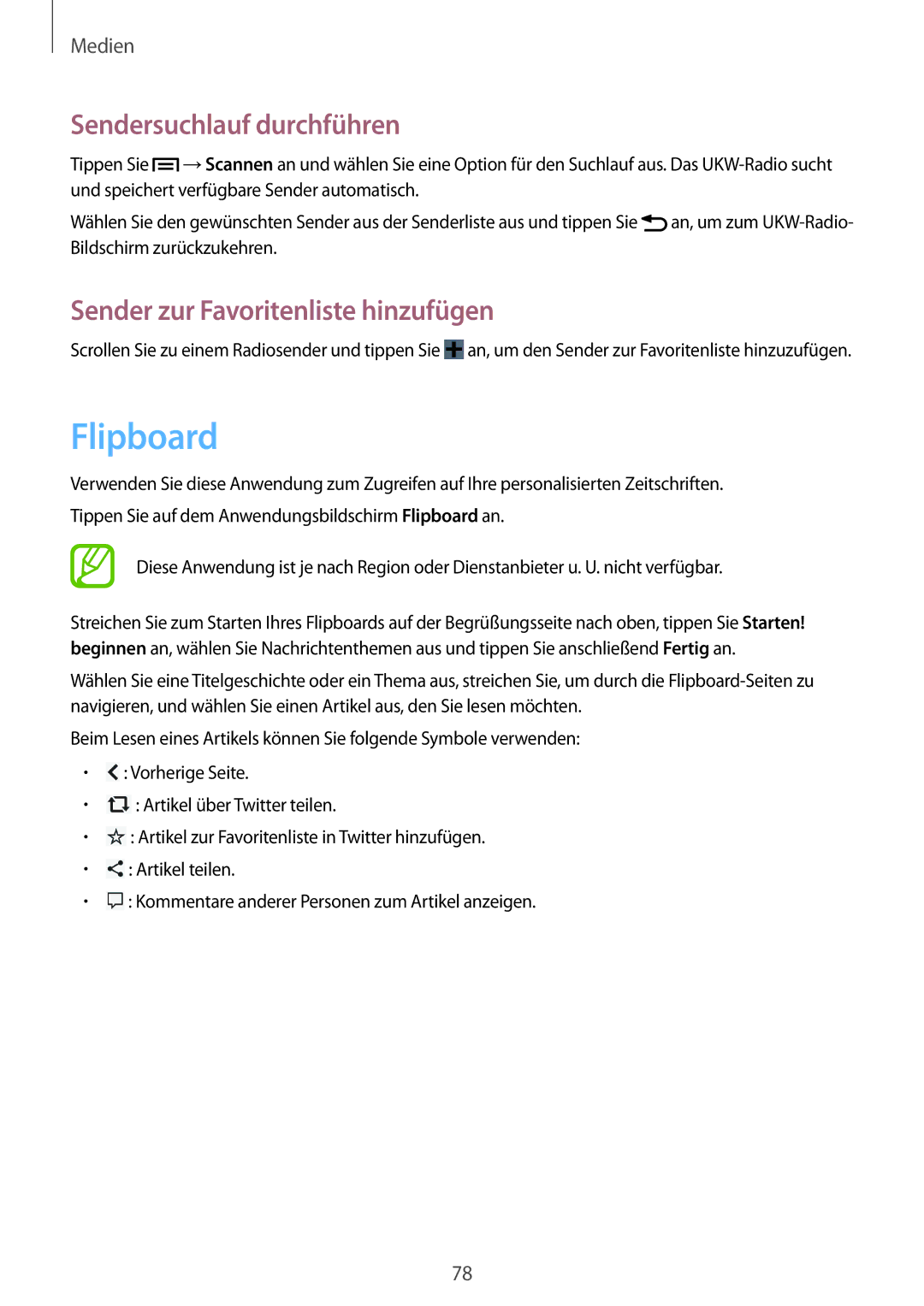 Samsung GT-I9105CWNSEB, GT-I9105UANTPH manual Flipboard, Sendersuchlauf durchführen, Sender zur Favoritenliste hinzufügen 