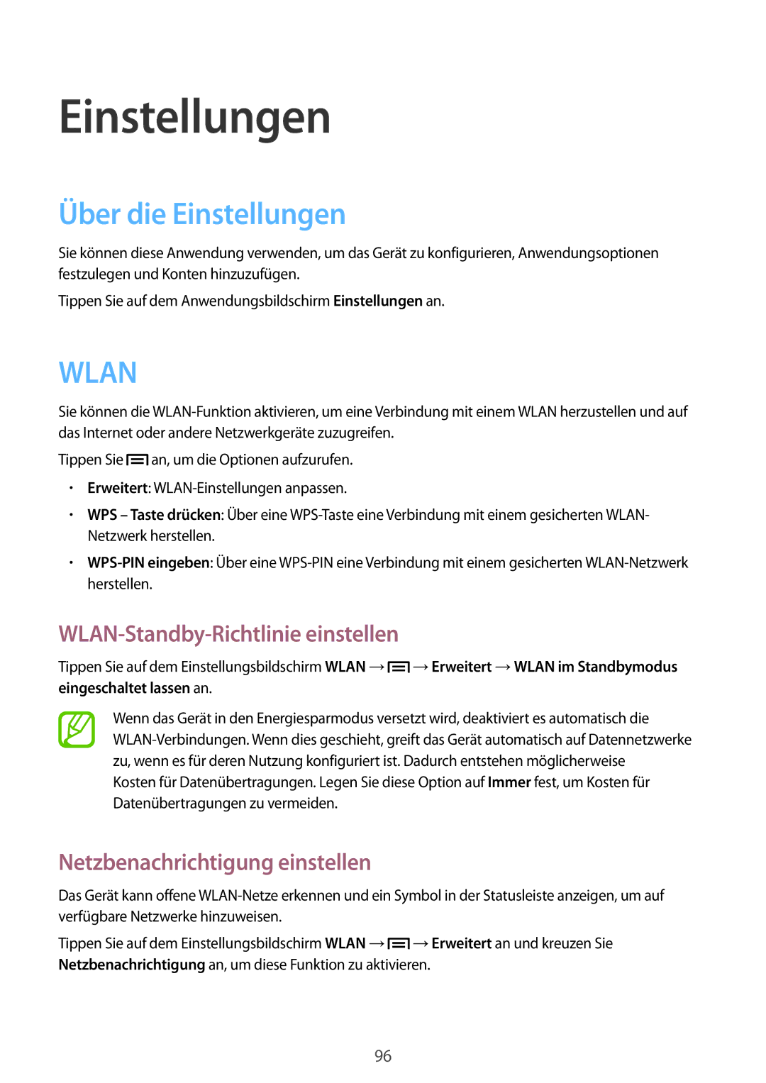 Samsung GT-I9105CWNTPH Über die Einstellungen, WLAN-Standby-Richtlinie einstellen, Netzbenachrichtigung einstellen 