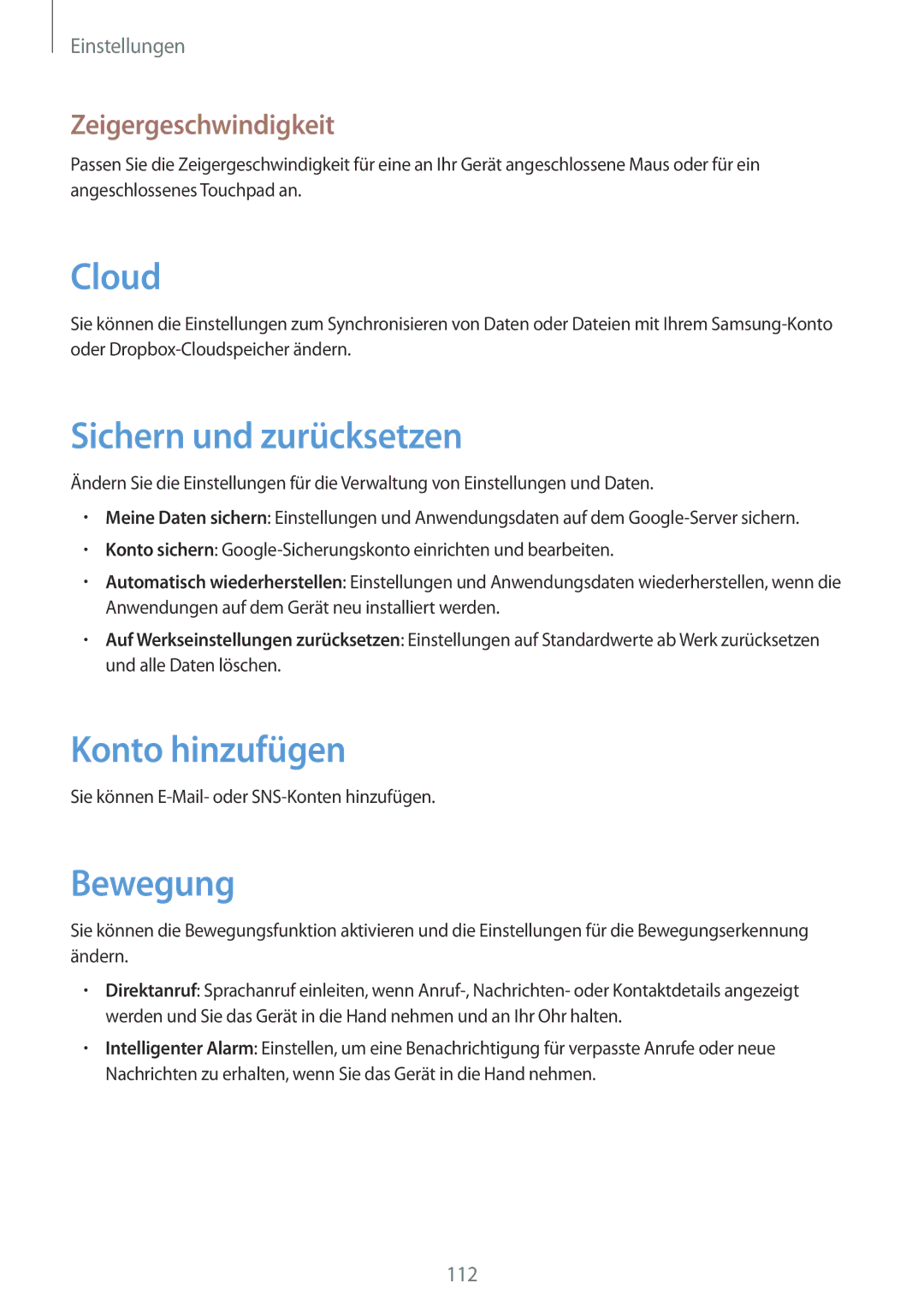 Samsung GT-I9105CWNSEB, GT-I9105UANTPH manual Sichern und zurücksetzen, Konto hinzufügen, Bewegung, Zeigergeschwindigkeit 