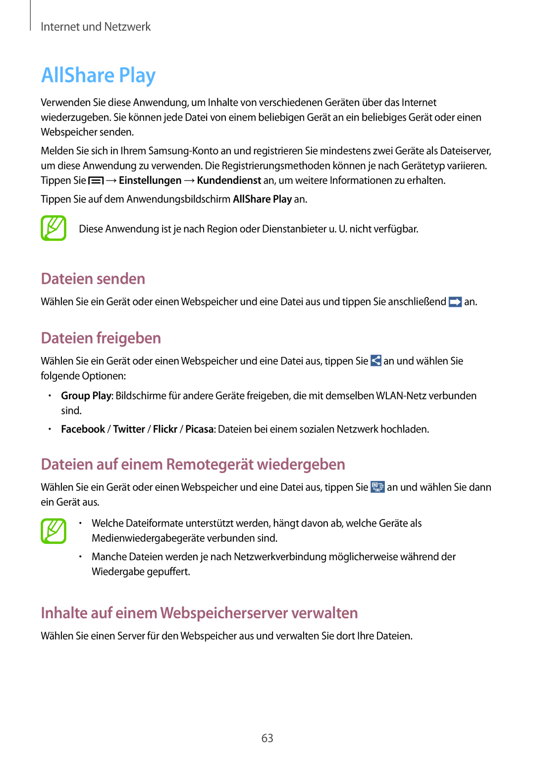 Samsung GT-I9105UANSEB manual AllShare Play, Dateien senden, Dateien freigeben, Dateien auf einem Remotegerät wiedergeben 