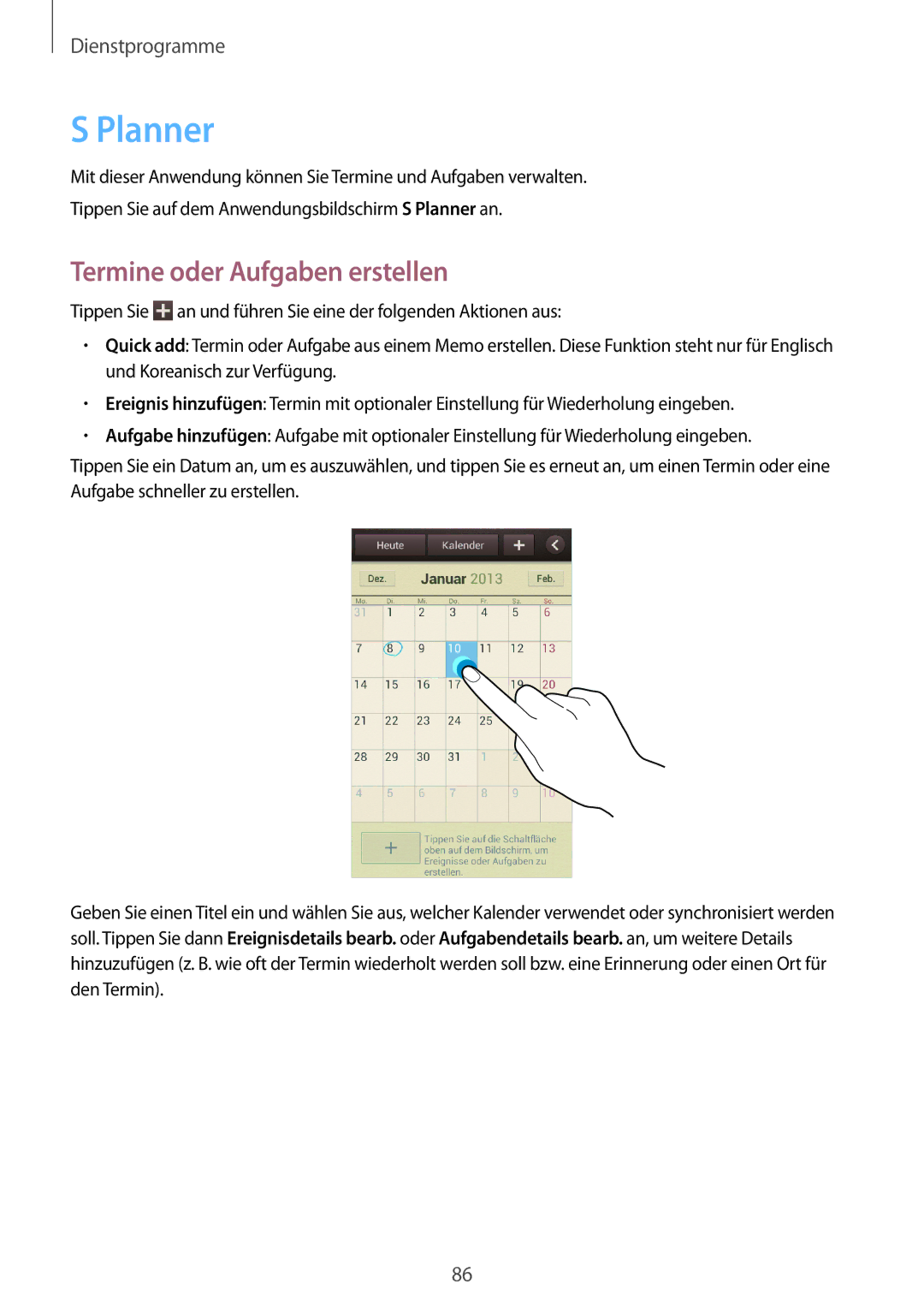 Samsung GT-I9105UANDBT, GT-I9105UANTPH, GT-I9105CWNDBT, GT-I9105UANVIA manual Planner, Termine oder Aufgaben erstellen 