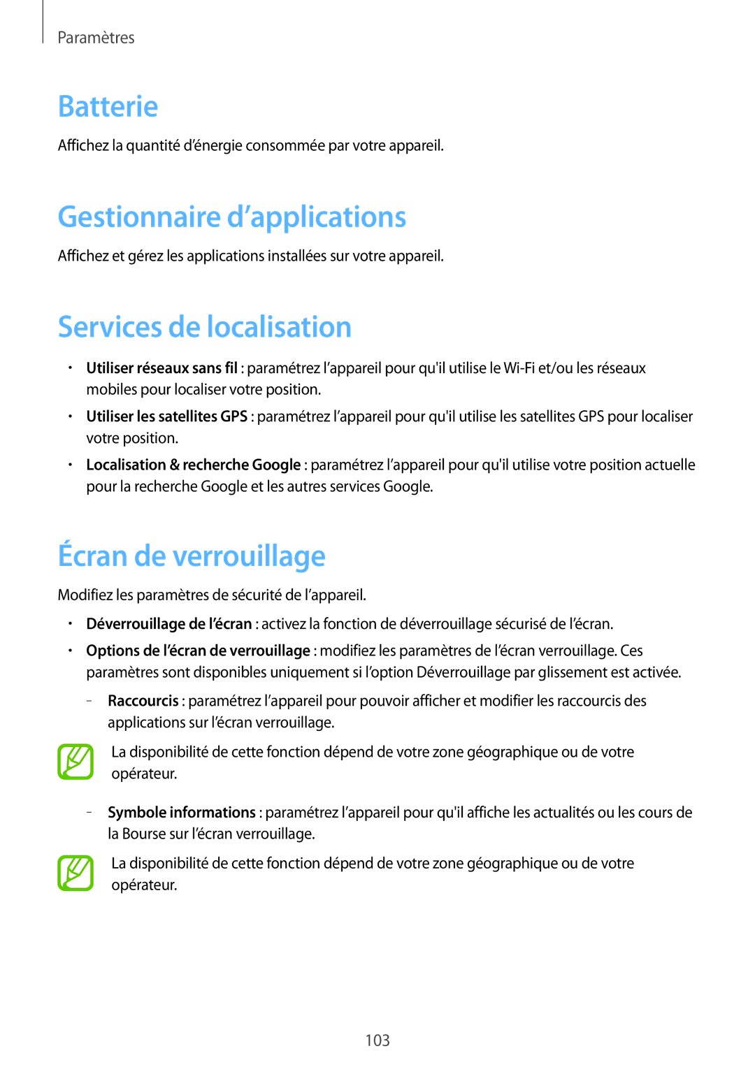 Samsung GT-I9105CWNXEF manual Batterie, Gestionnaire d’applications, Services de localisation, Écran de verrouillage 