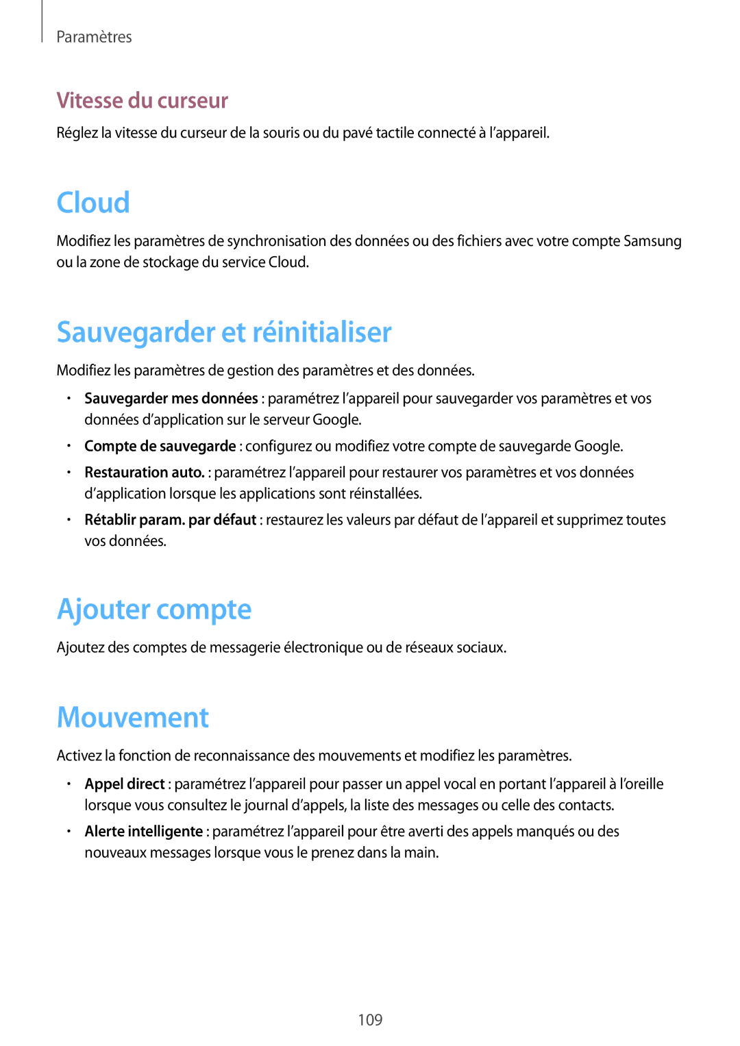 Samsung GT-I9105CWNXEF, GT-I9105UANXEF manual Sauvegarder et réinitialiser, Ajouter compte, Mouvement, Vitesse du curseur 