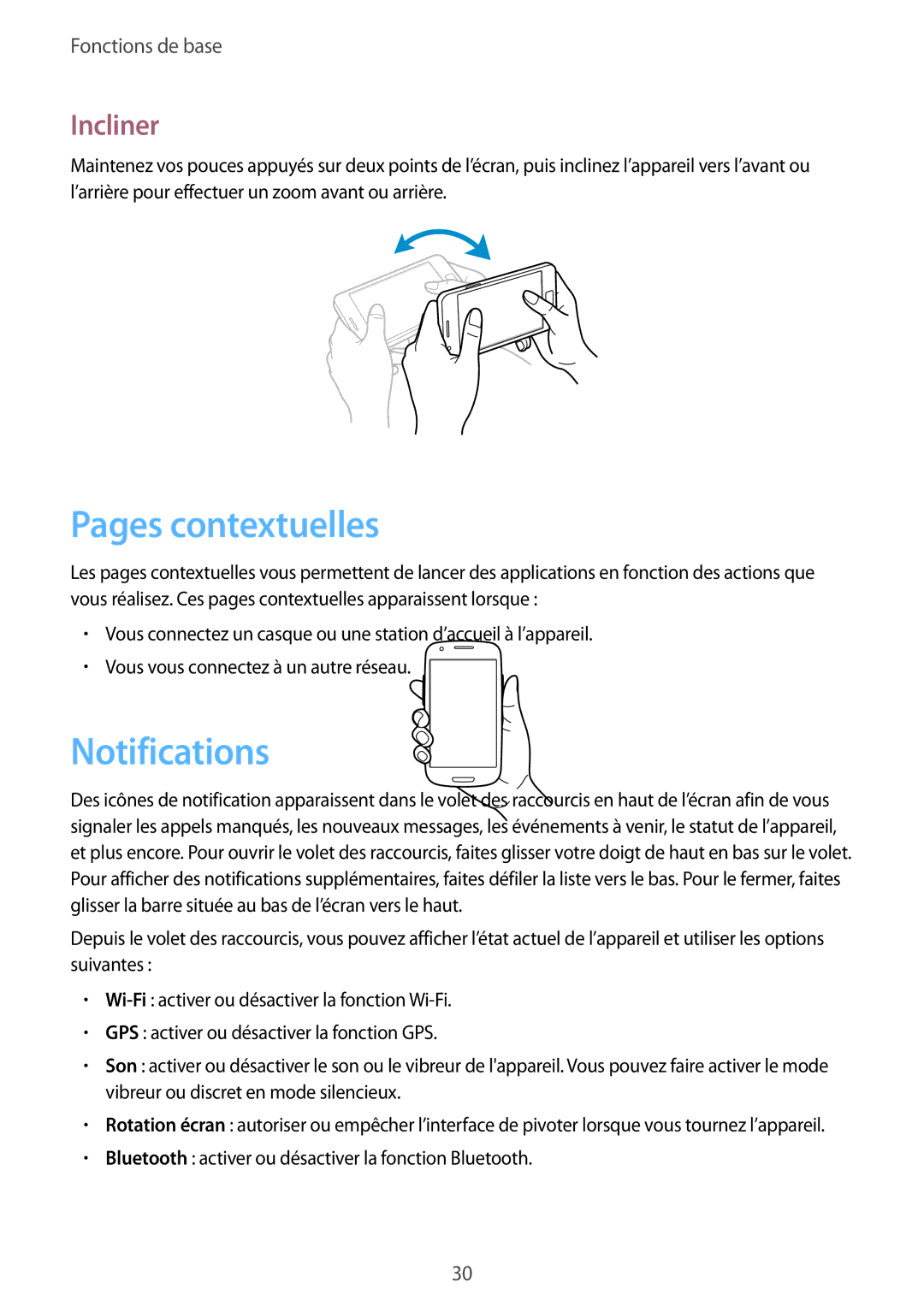 Samsung GT-I9105UANXEF, GT-I9105CWNXEF manual Pages contextuelles, Notifications, Incliner 