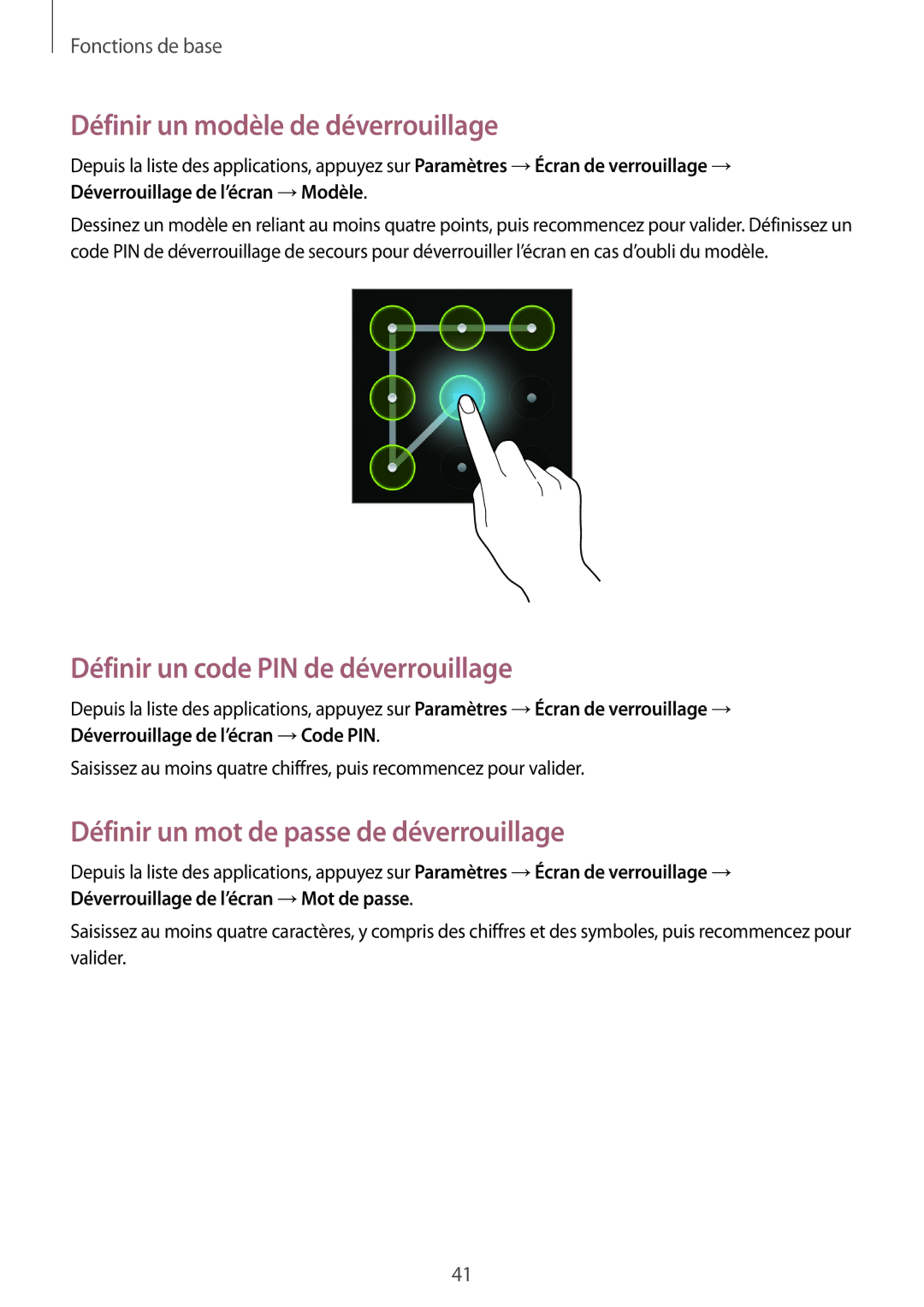 Samsung GT-I9105CWNXEF, GT-I9105UANXEF manual Définir un modèle de déverrouillage, Définir un code PIN de déverrouillage 