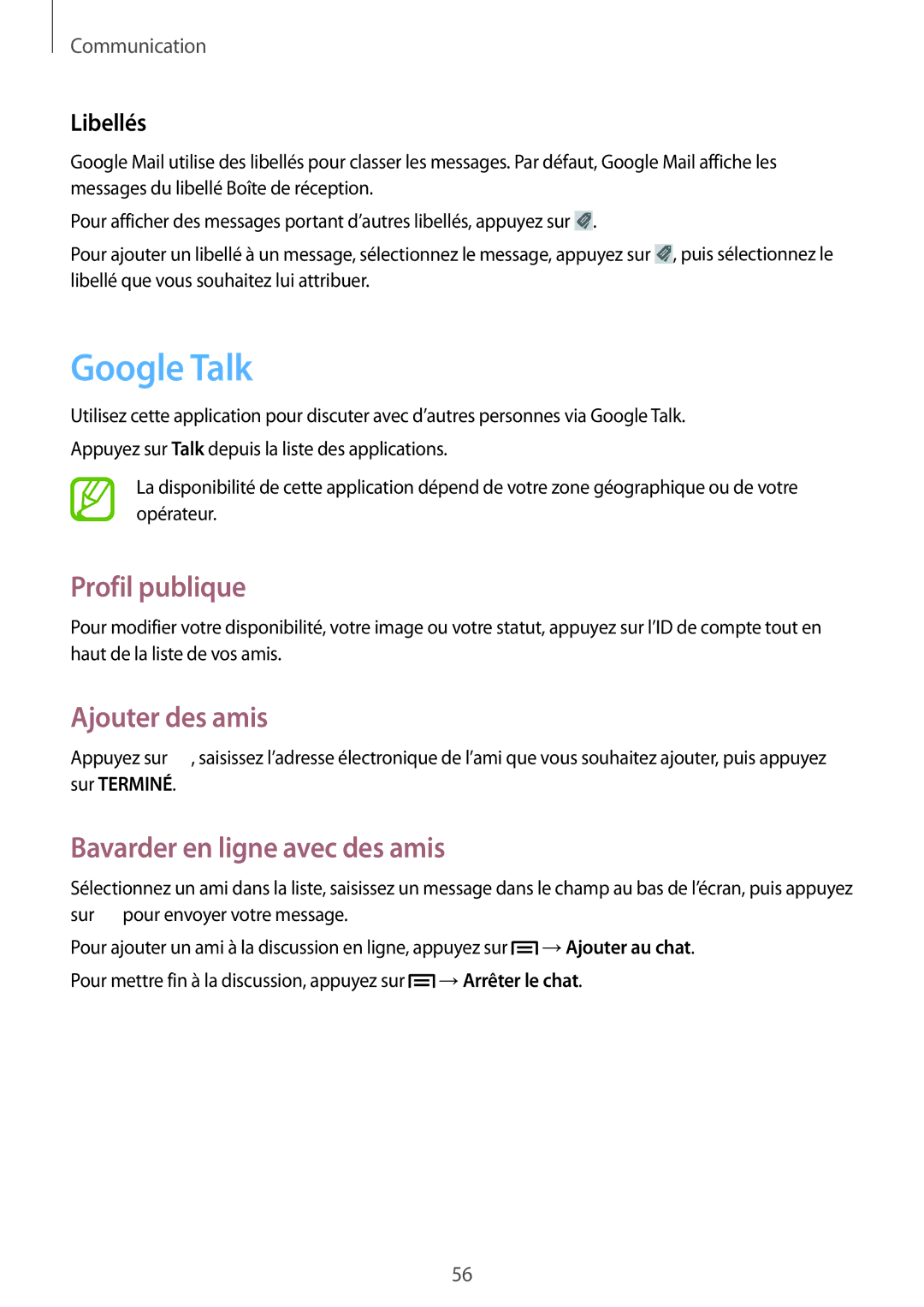 Samsung GT-I9105UANXEF manual Google Talk, Profil publique, Ajouter des amis, Bavarder en ligne avec des amis, Libellés 