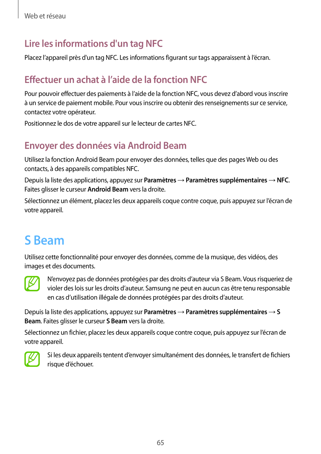 Samsung GT-I9105CWNXEF manual Beam, Lire les informations dun tag NFC, Effectuer un achat à l’aide de la fonction NFC 