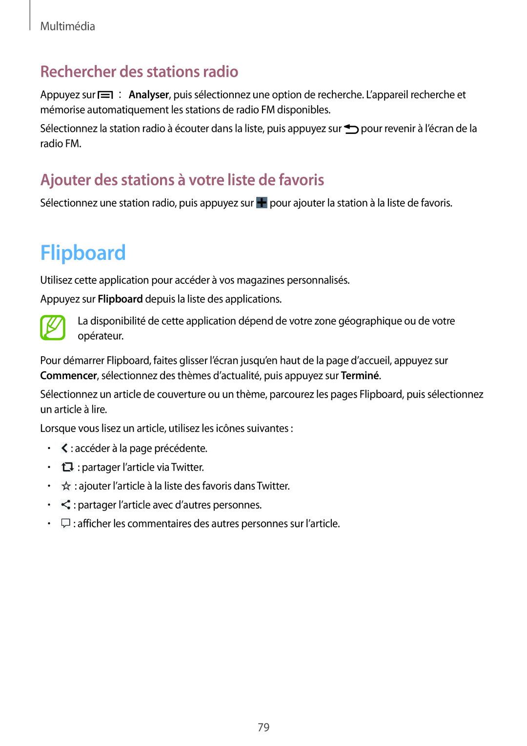 Samsung GT-I9105CWNXEF manual Flipboard, Rechercher des stations radio, Ajouter des stations à votre liste de favoris 