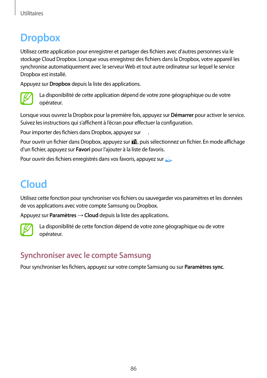 Samsung GT-I9105UANXEF, GT-I9105CWNXEF manual Dropbox, Cloud, Synchroniser avec le compte Samsung 