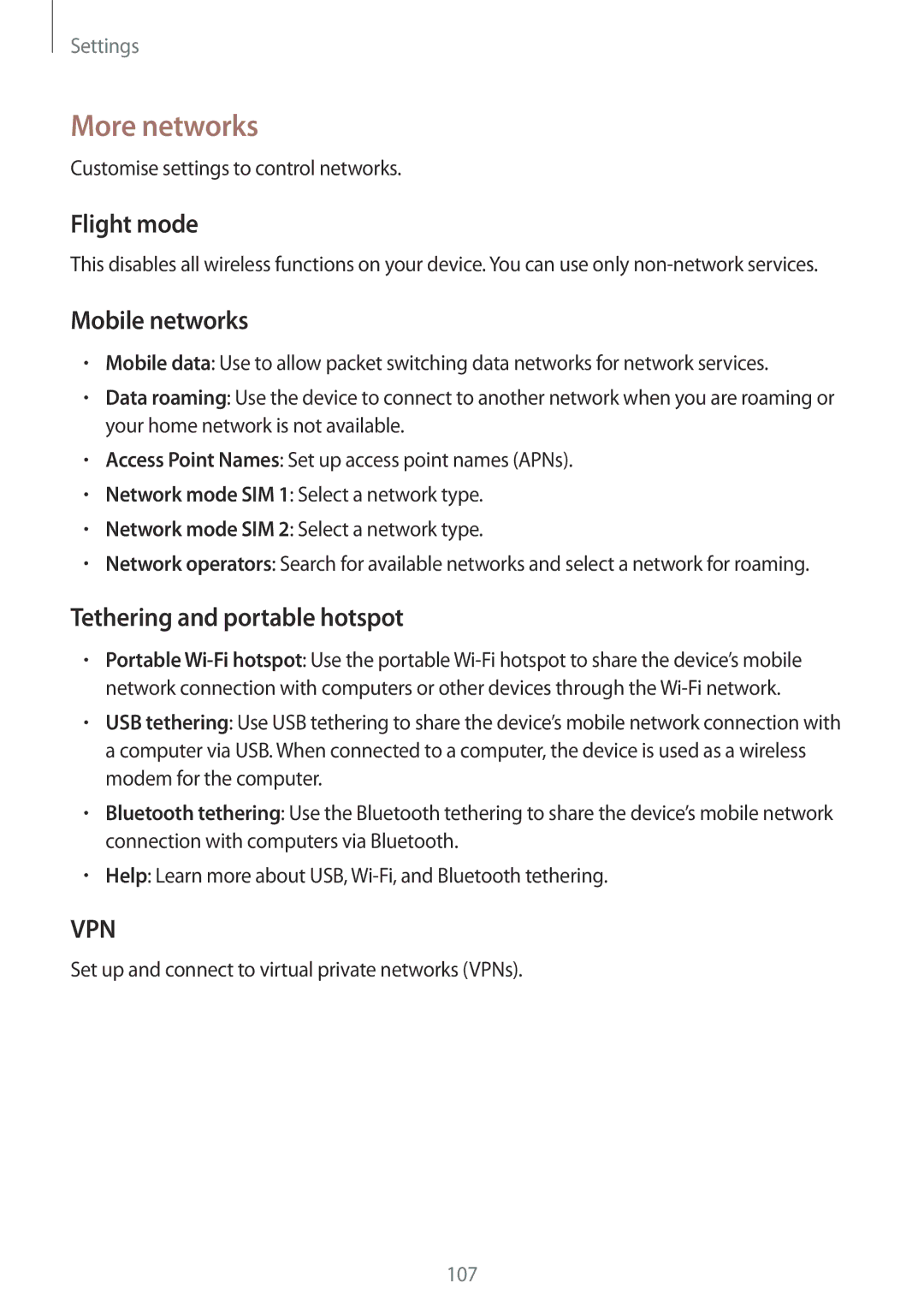 Samsung GT-I9152ZWASER, GT-I9152ZKASER manual More networks, Flight mode, Mobile networks, Tethering and portable hotspot 