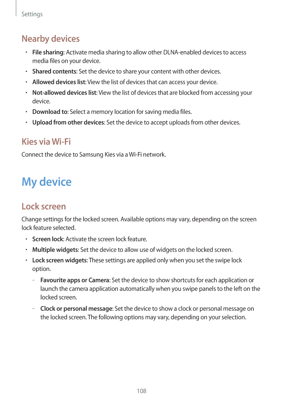 Samsung GT-I9152ZKASER, GT-I9152PPASER, GT-I9152ZWASER manual My device, Nearby devices, Kies via Wi-Fi, Lock screen 
