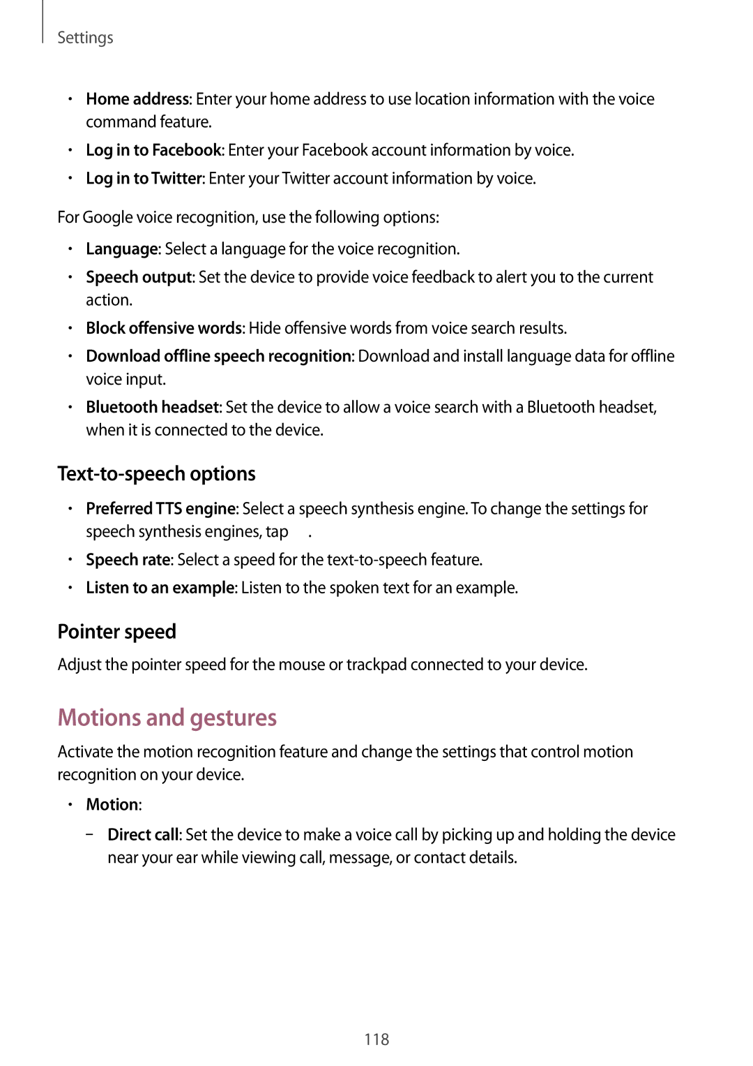 Samsung GT-I9152PPASER, GT-I9152ZKASER, GT-I9152ZWASER manual Motions and gestures, Text-to-speech options, Pointer speed 